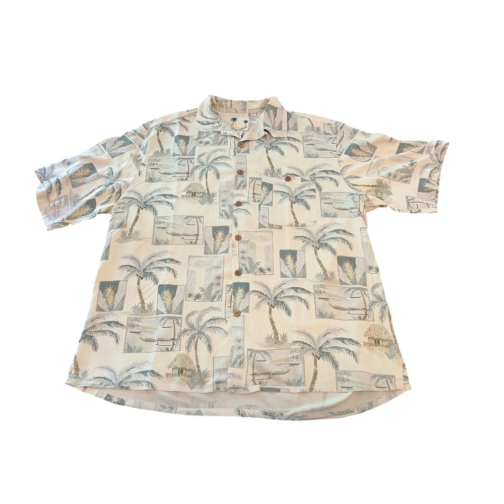 Tommy Bahama Mens XL Silk Camp Shirt Tropical Palm Tree Ecru Short Sleeve 3082
